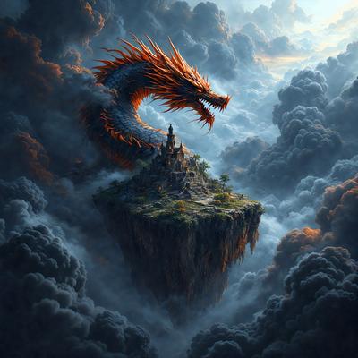 Primary subject: A dragon with a castle on its back.

Setting/background: A cloudy sky.

Visual style: Digital art.

Colors and mood: The dragon is red and orange, and the overall atmosphere is dramatic and fantastical.